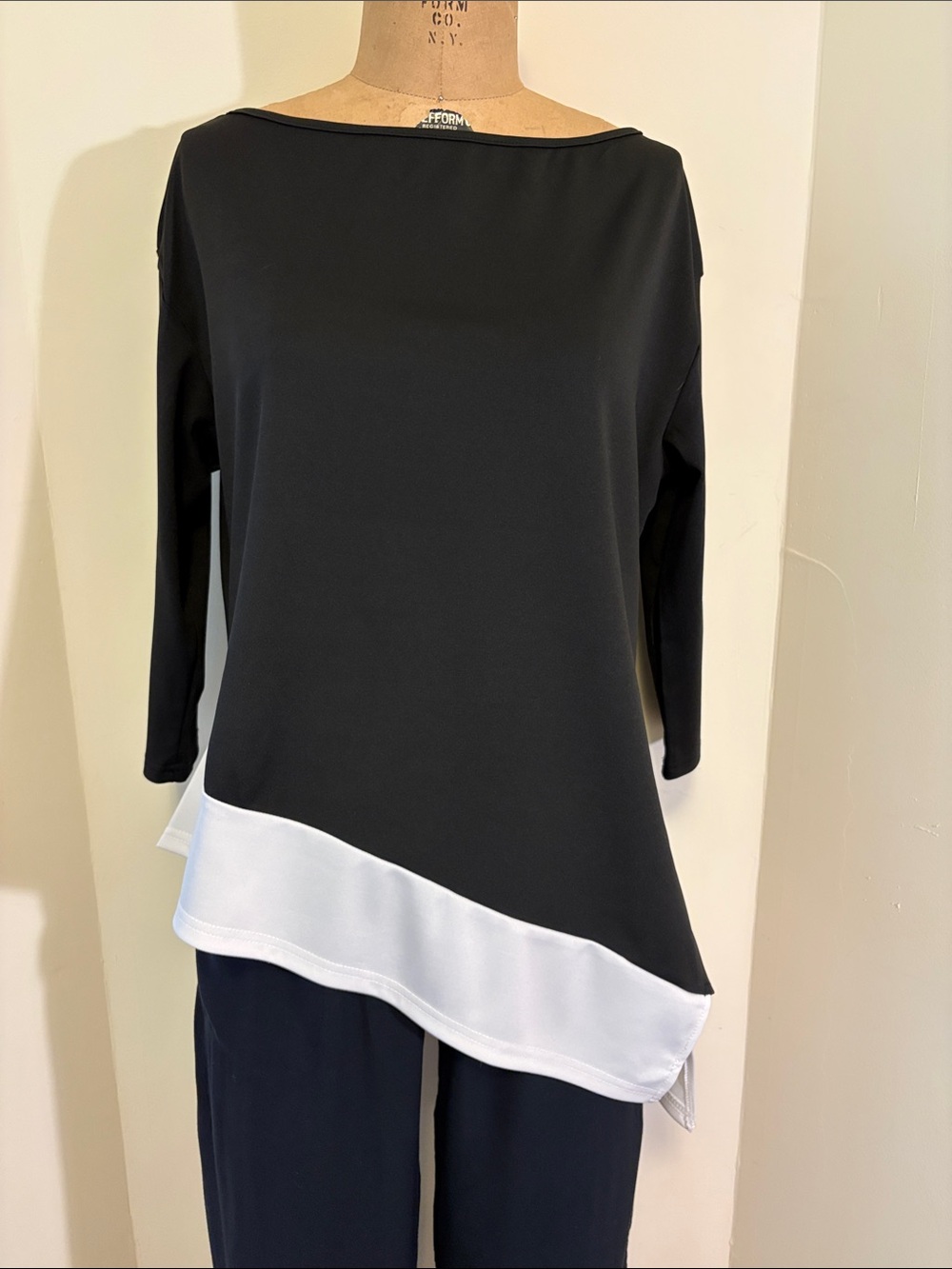 Boatneck Black Tunic with White Asymmetrical Hem